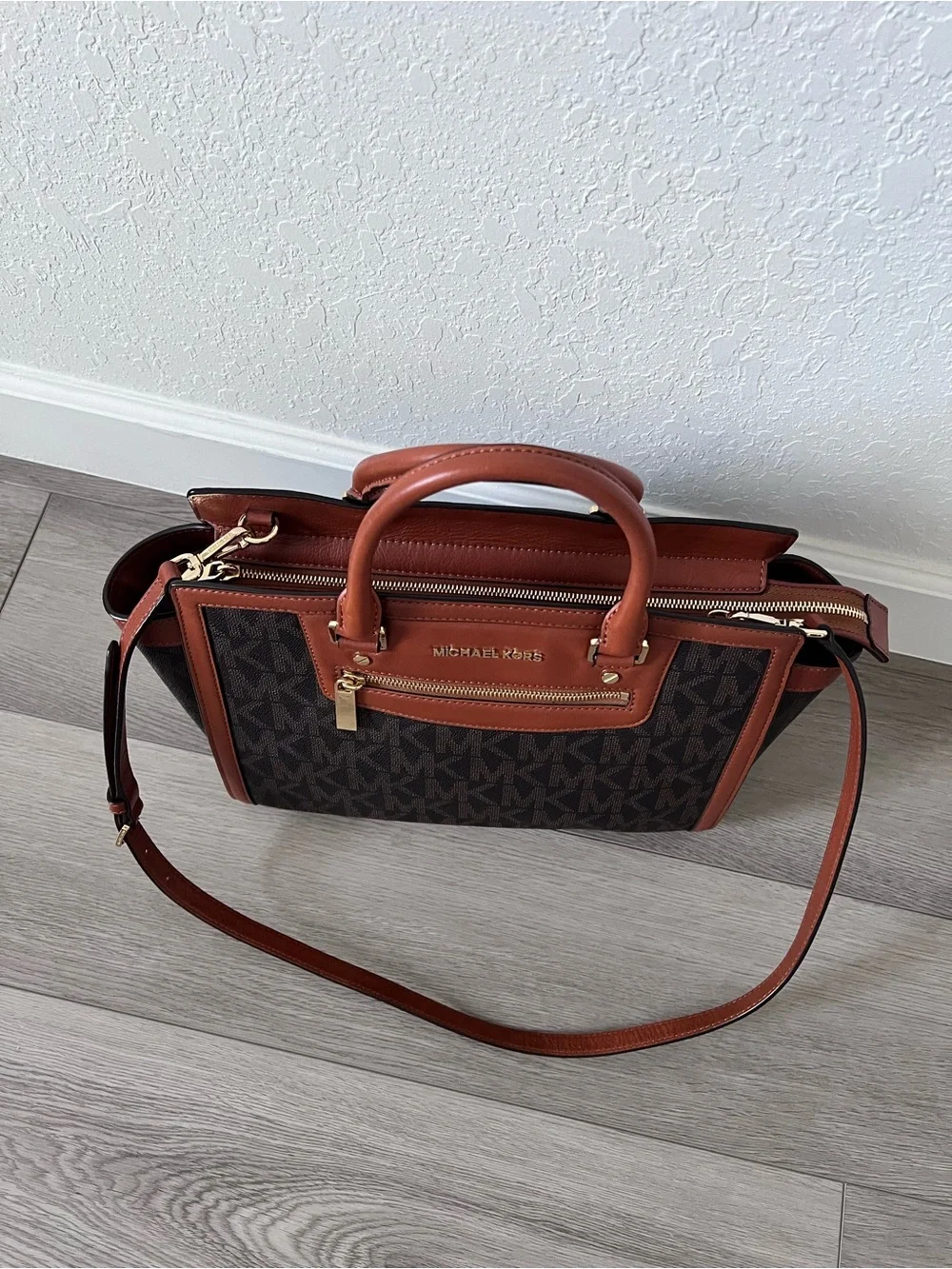 Michael Kors Signature MK Monogram Satchel Crossbody Bag Brown Luggage